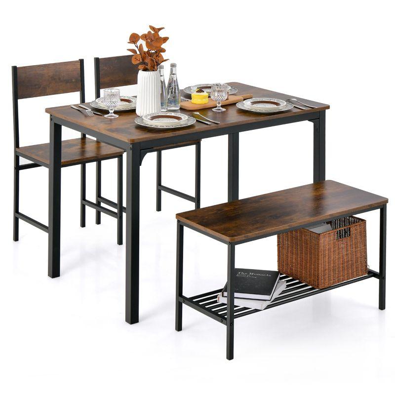 Costway Dining Table Set for 4 Rectangular Table with 2 Chairs, 1 Bench, Storage Racks Rustic Brown/Grey