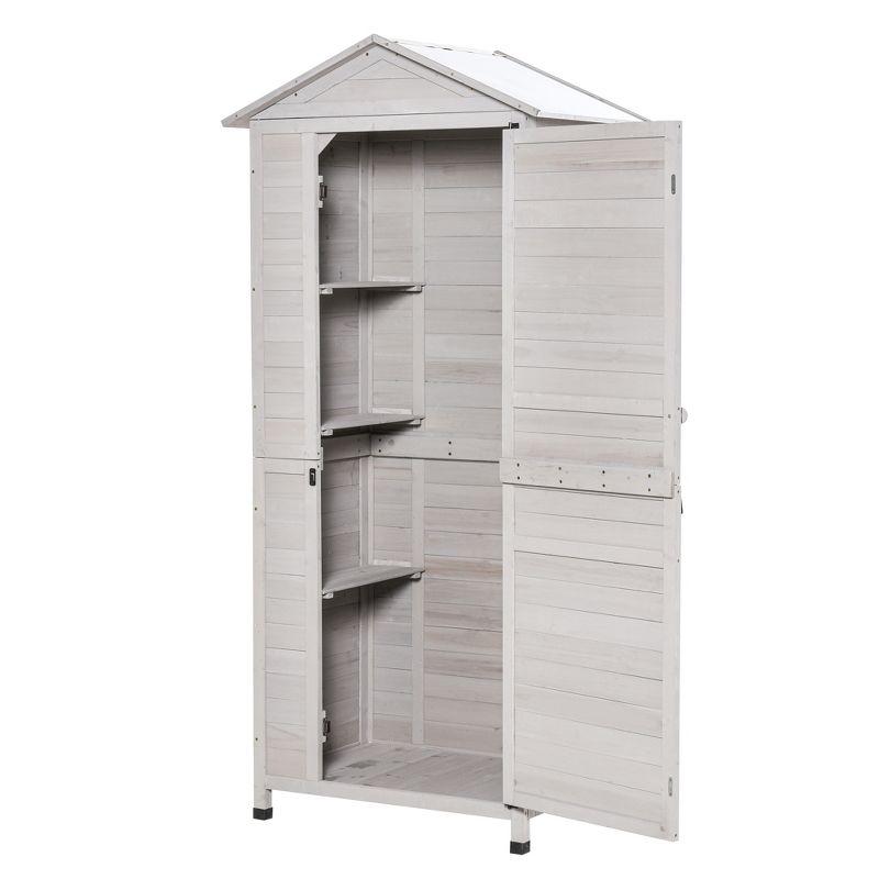 Outsunny 35.5" x 24.75" x 78.75" Wooden Storage Shed Cabinet, Outdoor Tool Shed Organizer with 3 Shelves Handle Magnetic Latch Foot Pad, Light Gray