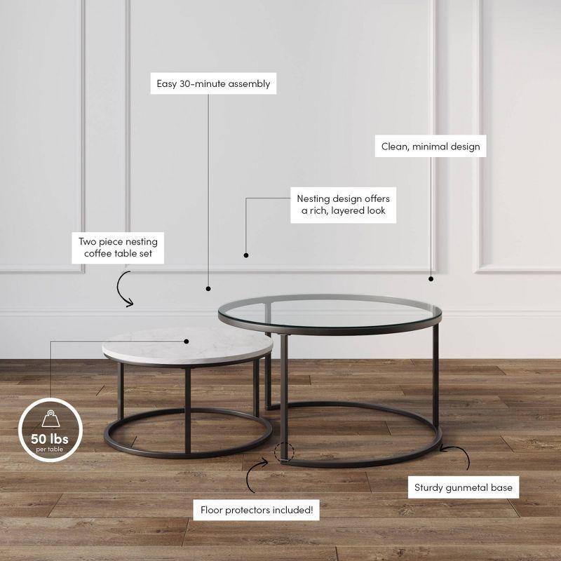 Nathan James Stella Nesting Coffee Tables Faux Carrara Marble Glass Black/White