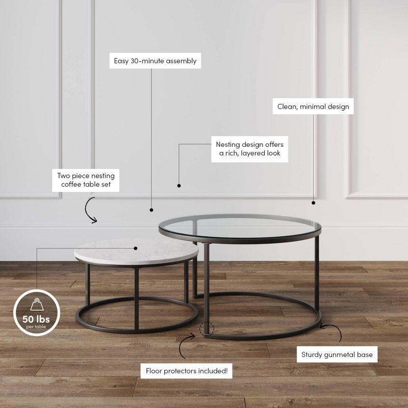 Stella Round White and Gunmetal Nesting Coffee Tables with Glass and Marble Finish