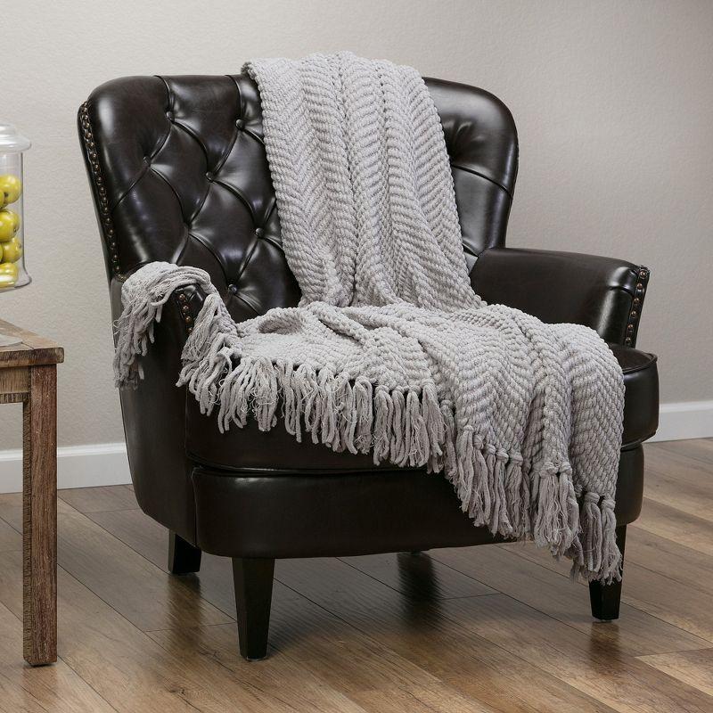 Silver Knitted Throw Blanket with Tassels, 50" x 65"