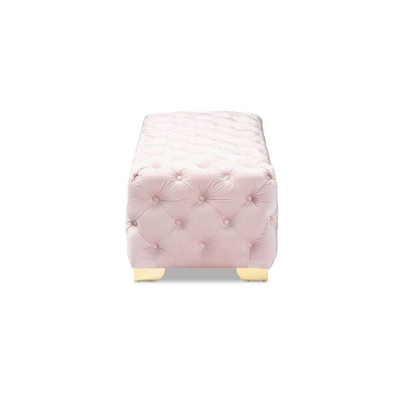 Luxurious Light Pink Velvet Tufted Ottoman with Gold Legs