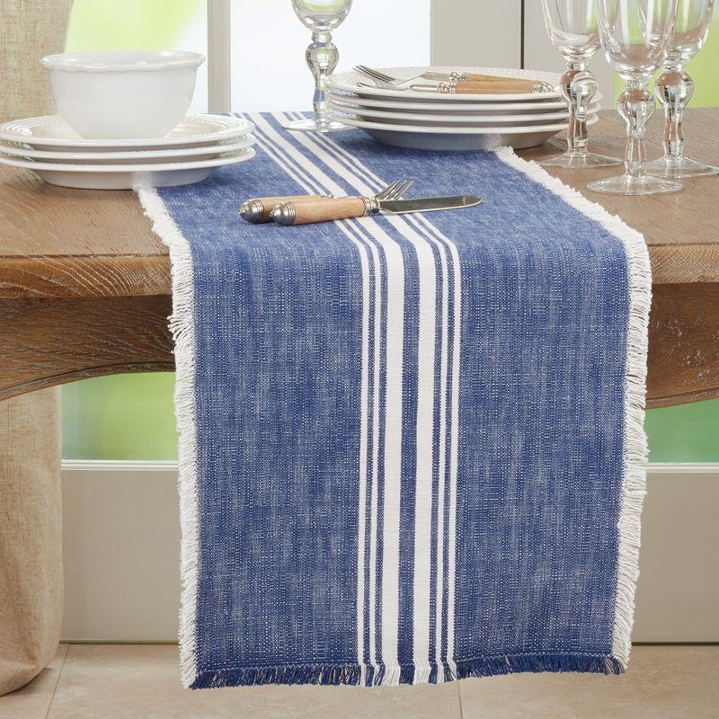 Blue and White Cotton Striped Fringe Table Runner