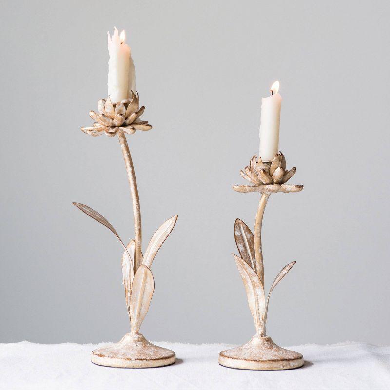 Storied Home 2pc Metal Taper Candle Holder Set with Flowers Gold/White - Bohemian Decor, Online-Unique