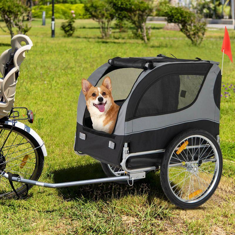 Foldable Gray Pet Bike Trailer with Mesh Windows and Steel Frame