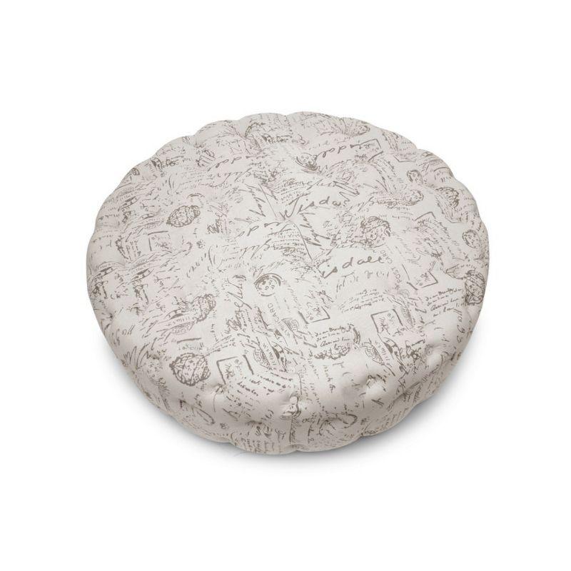 Cardiff Script Print Modern Tufted Ottoman - Baxton Studio: Circular, Linen Upholstery, Wood Legs