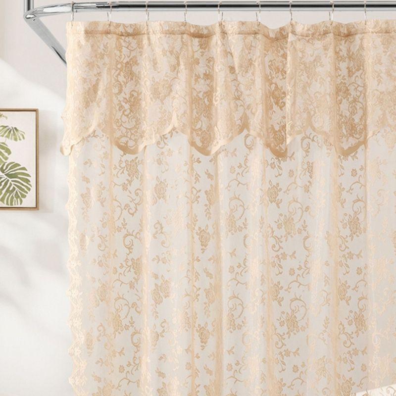 HLC.ME Harper Lace Shower Curtain for Bathroom with Floral Vine Design and Attached Valance- Elegant Victorian Classic Style - Linen, 72" W x 72" L