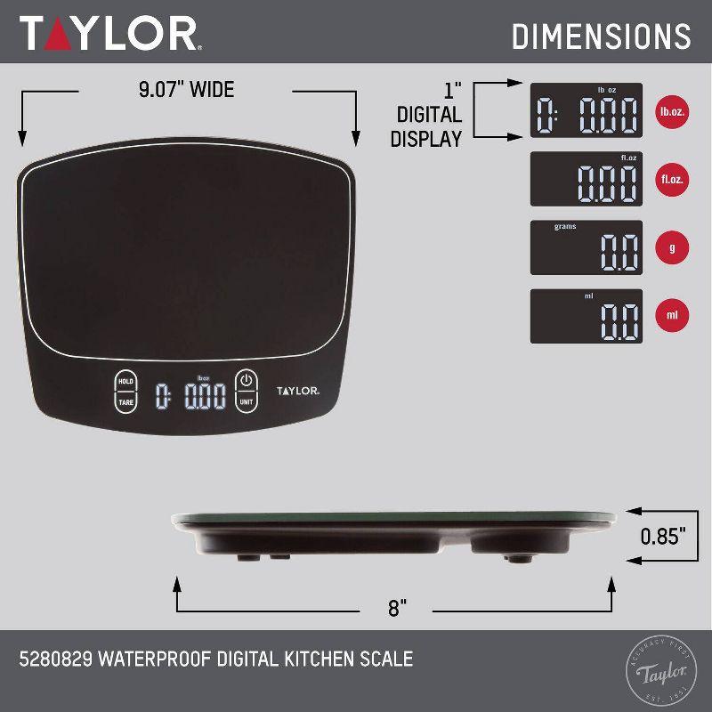 Taylor Waterproof Digital Kitchen 11 lb Food Scale Black: LCD Display, Battery Powered, Measures Grams & Ounces