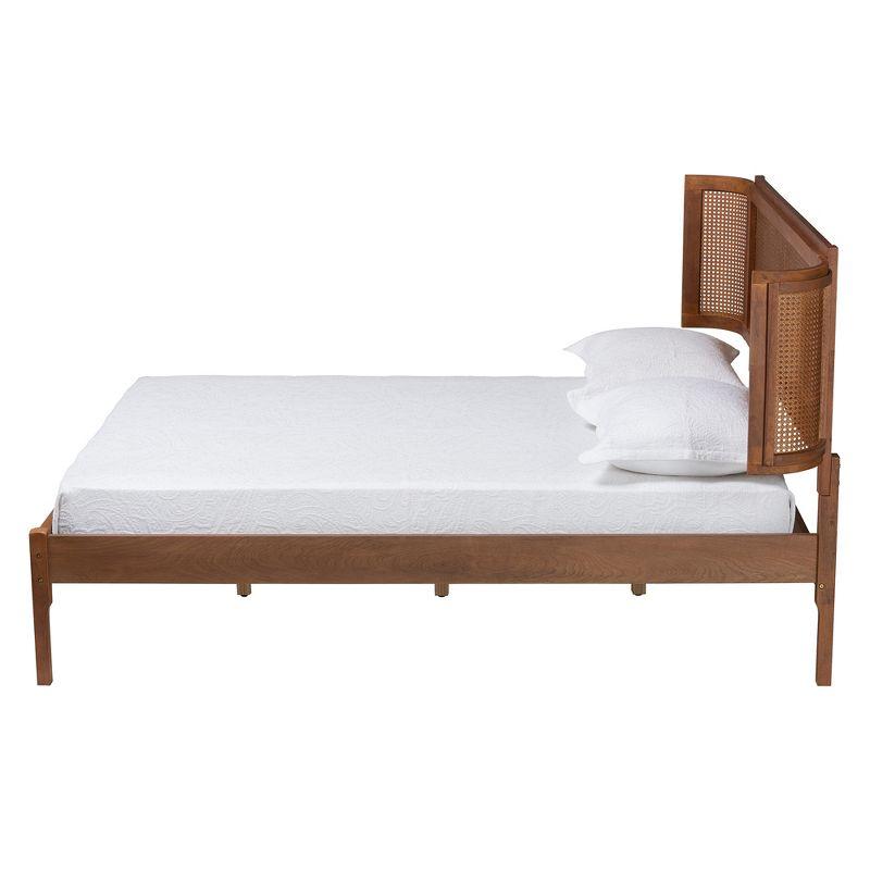 Baxton Studio Eridian Mid-Century Modern Walnut Brown Finished Wood and Natural Rattan Queen Size Platform Bed