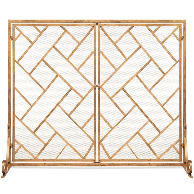 Gold Wrought Iron Geometric Mesh Fireplace Screen with Doors