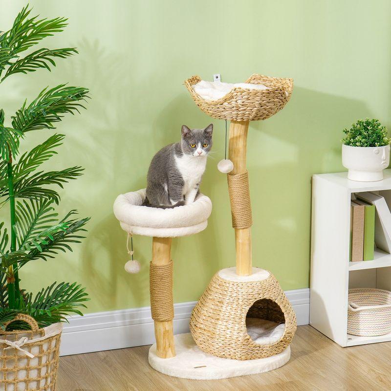 PawHut Cat Tree for Indoor Cats, 41" Cat Tower with Wooden Cat Scratching Posts, Cat Condo, Cat Beds & Toy Balls, Cream White