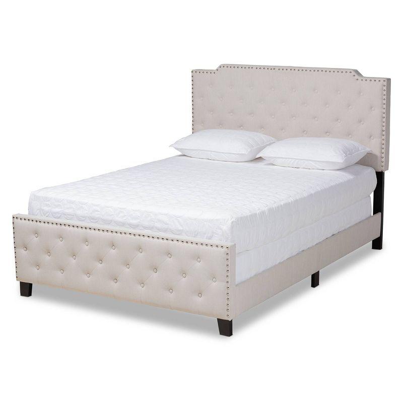 Elegant Beige Linen King Bed with Tufted Headboard and Nailhead Trim