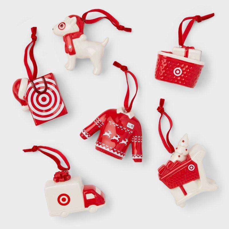 6-Piece Red and White Porcelain Christmas Ornament Set