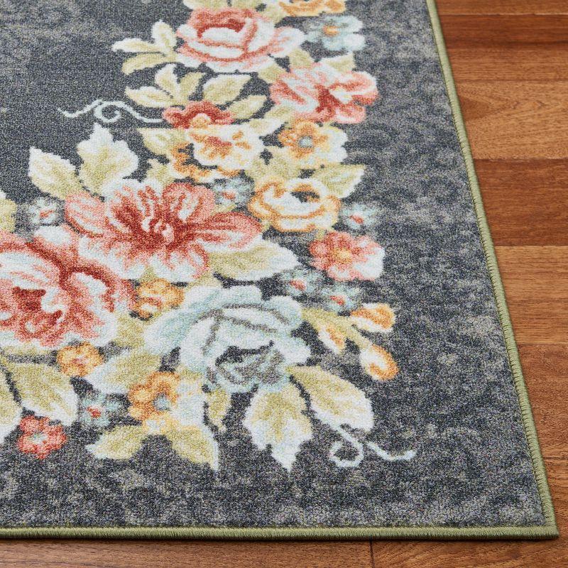 Gray and Pink Floral Bordered Rectangular Wool Rug