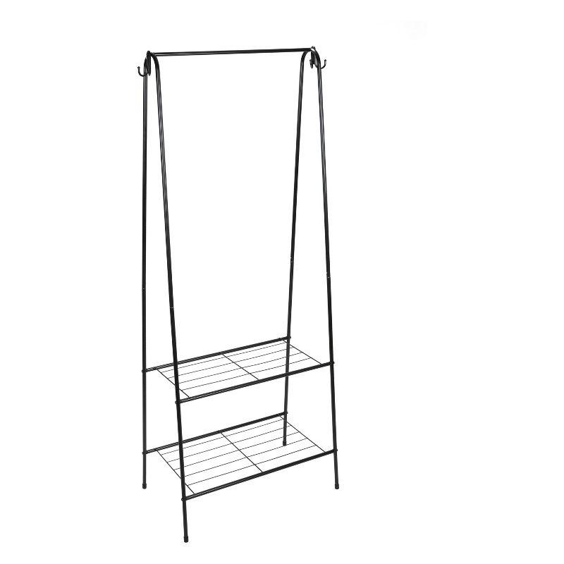 Black Metal Freestanding Clothing Rack with Shelves and Hooks