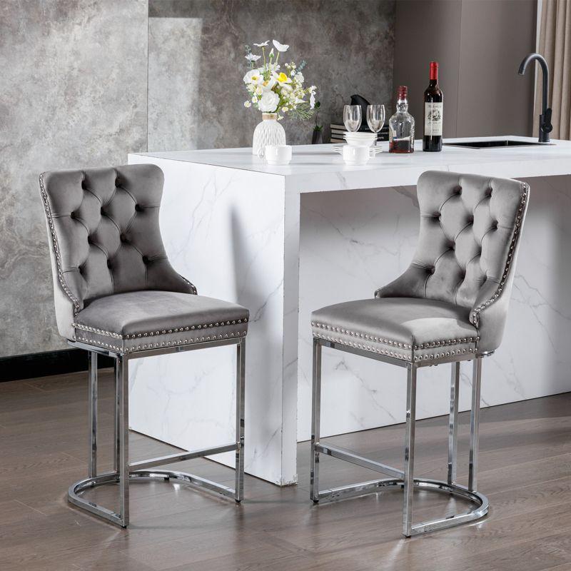 DOMETOUR 25" Counter Height Bar Stools Set of 2 Modern Velvet Upholstered Barstools with Button Back & Rivet Trim Gray