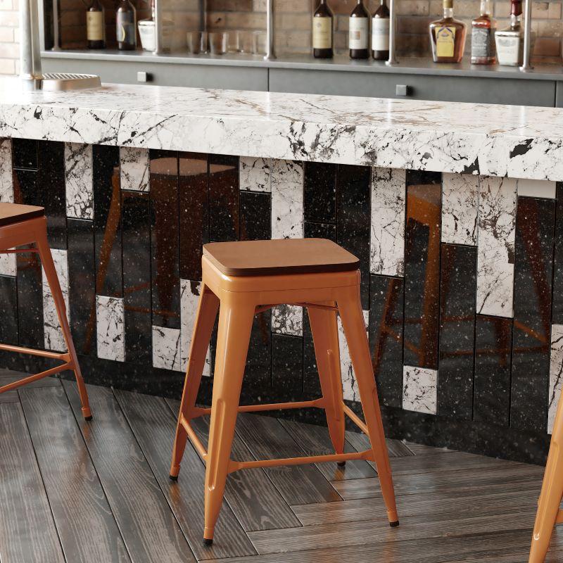 Flash Furniture Kai Commercial Grade 24" High Backless Orange Metal Indoor-Outdoor Counter Height Stool with Teak Poly Resin Wood Seat