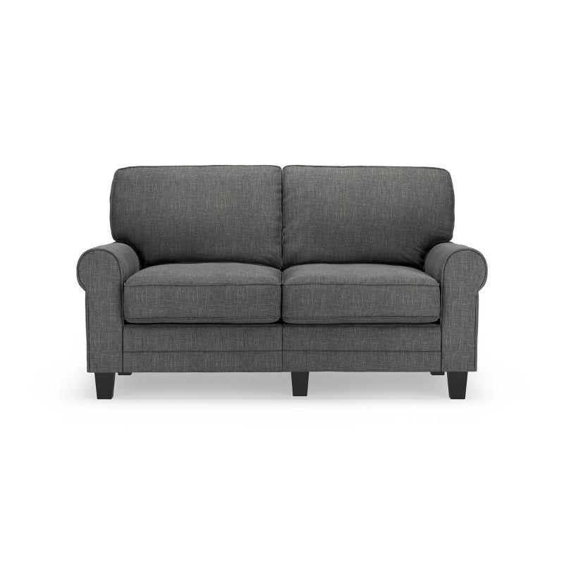 Gray Leather Rolled Arm Loveseat with Pillow Back