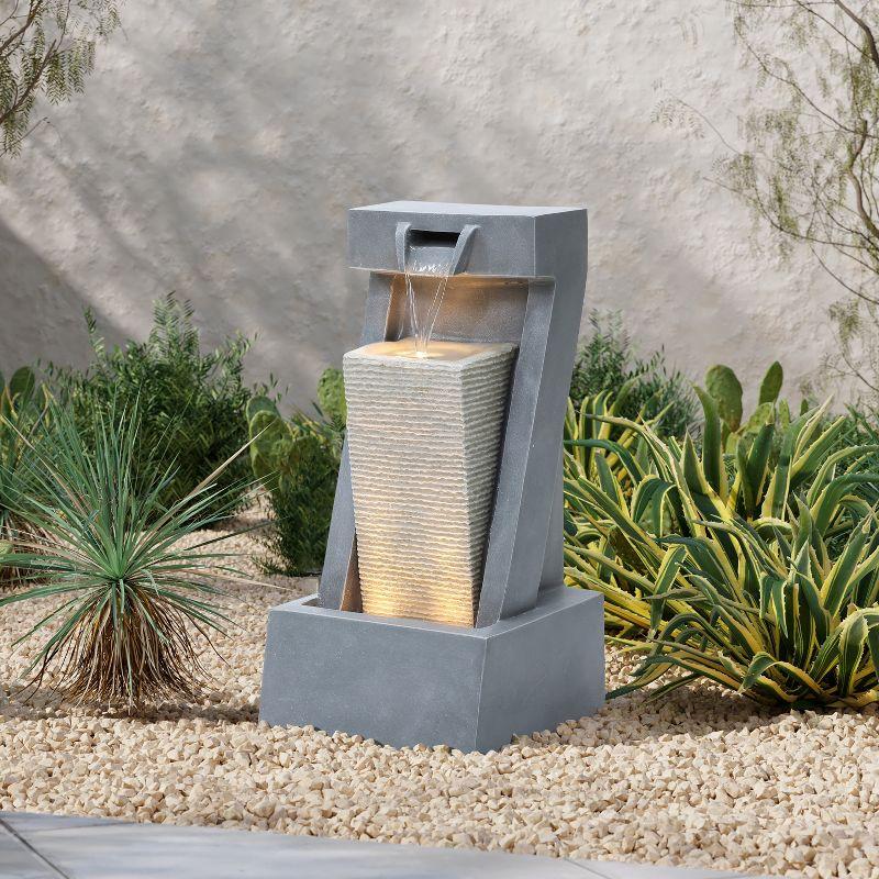 LuxenHome Gray Resin 2-Column Sculpture Outdoor Fountain with Lights