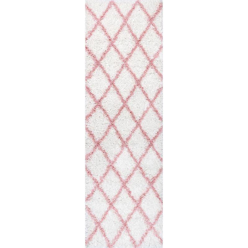 Nuloom Tess Geometric 2x8 Runner Shag Indoor Area Rug for Living Room Bedroom Dining Room Nursery Entryway Hallway, Pink/Ivory