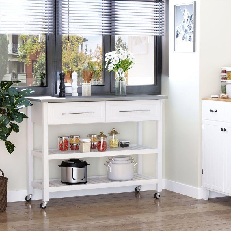 White Stainless Steel Top Kitchen Cart with Storage and Shelves