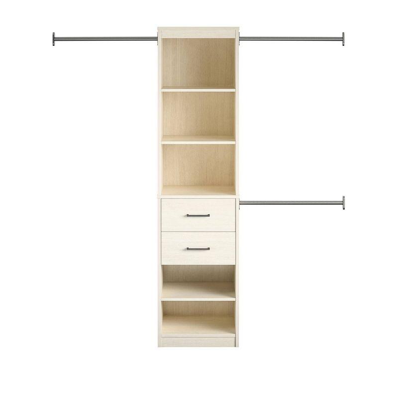 Ivory Oak 5 Shelf 2 Drawer Closet Organizer with Adjustable Rods