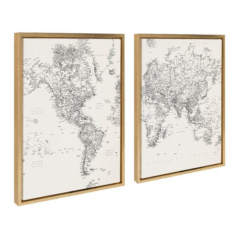 Black and White Modern Retro World Map Framed Canvas Set