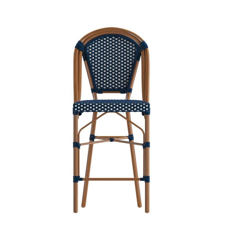 Emma & Oliver Soie Set of Two Stacking Bistro Chairs with Navy and White PE Seat and Back and Bamboo Finished Aluminum Frame for Indoor/Outdoor Use