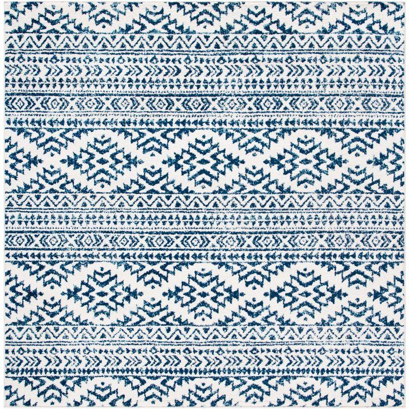 Hand-Knotted Ivory/Navy Geometric Square Synthetic Area Rug