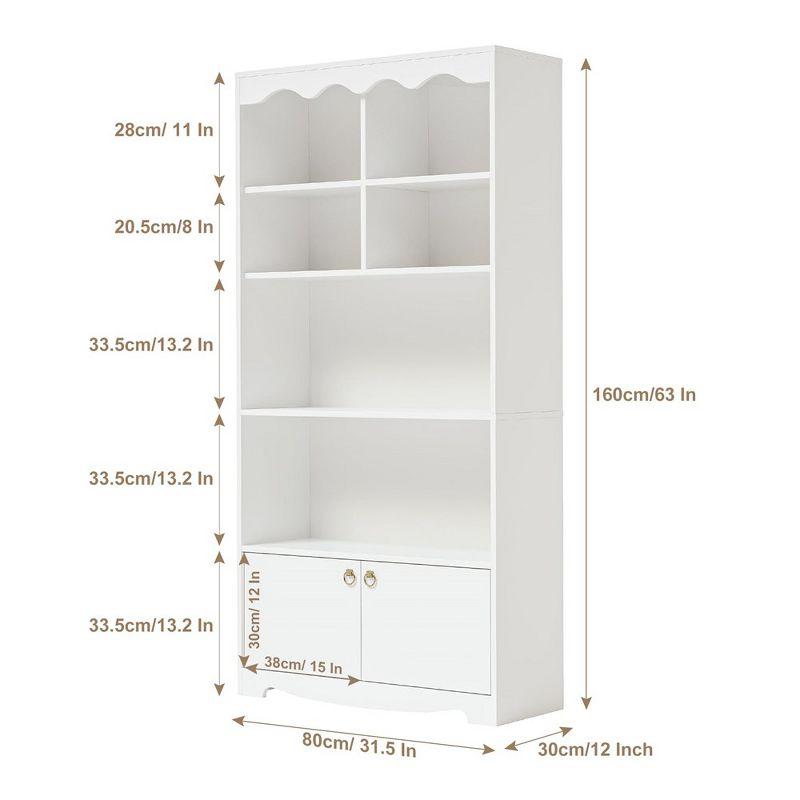 5-Tier White Bookcase, 63 Inch Tall Bookshelf with Open Storage Shelves & Doors, Modern Wooden Floor Standing Display Storage Shelves