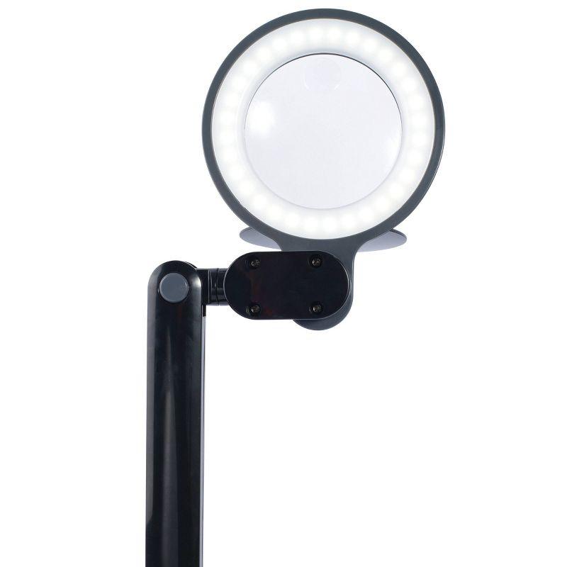 Compact Adjustable Black LED Desk Lamp with Optical-Grade Magnifier