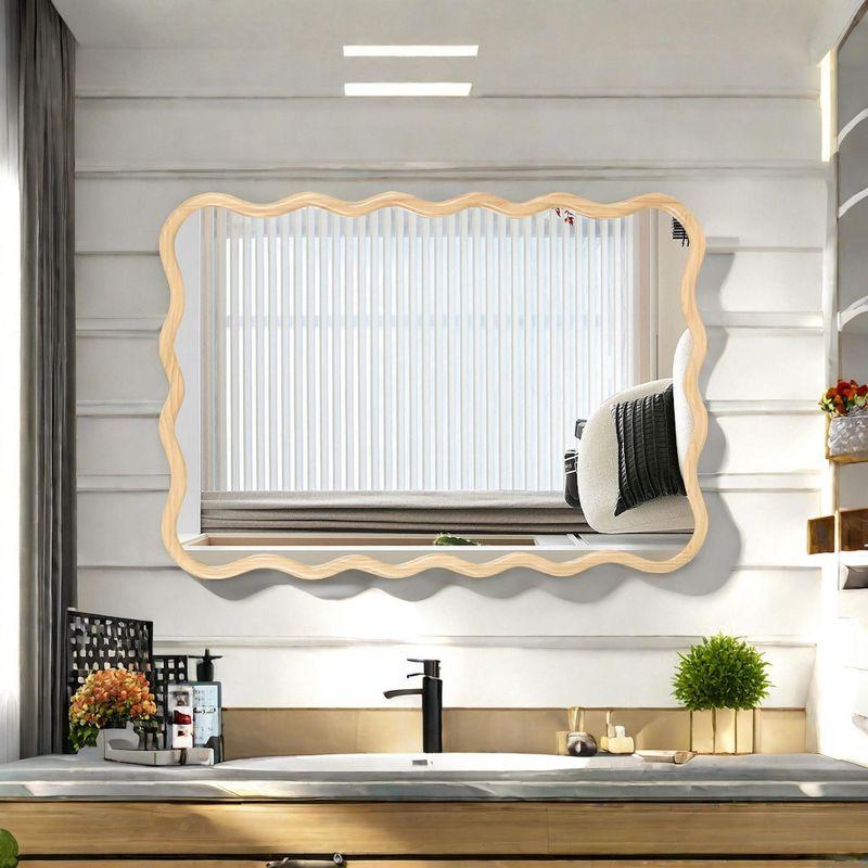 39"Hx28"W Wooden Wavy Mirror Art Decorative Mirrors,Natural Rectangle Mirror,Bedroom Wall Mirror,Sitting Room Mirrors,Entrance Way Mirror-The Pop Home