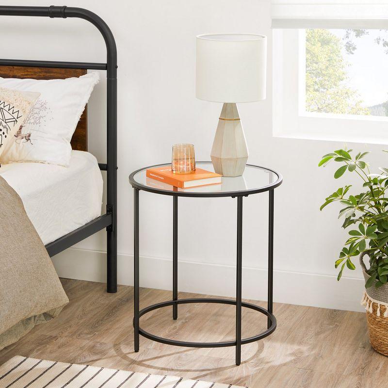 VASAGLE Round Side Table, Glass End Table with Metal Frame, Black Coffee Table with Modern Style Black
