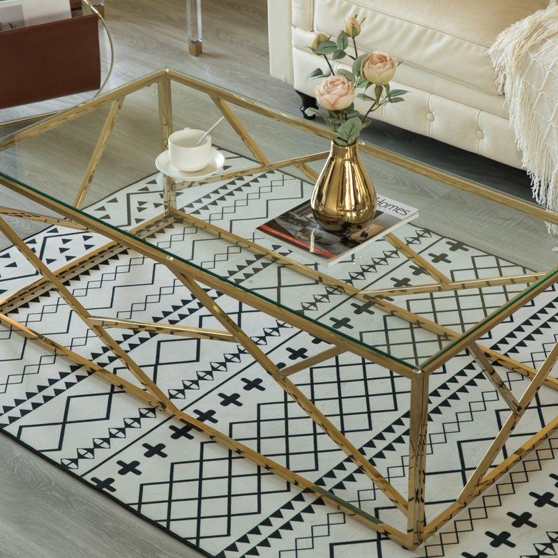 Fabulaxe Decorative Rectangular Glass Top Metal Modern Coffee Table