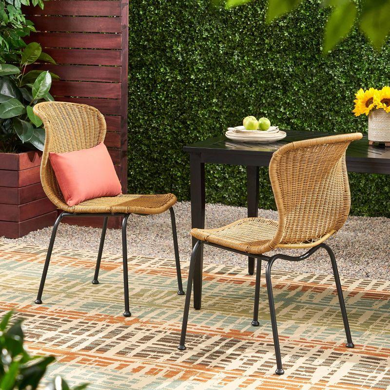 Spinnaker Set of 2 Wicker Boho Dining Chairs - Light Brown - Christopher Knight Home: Weather-Resistant Iron Frame