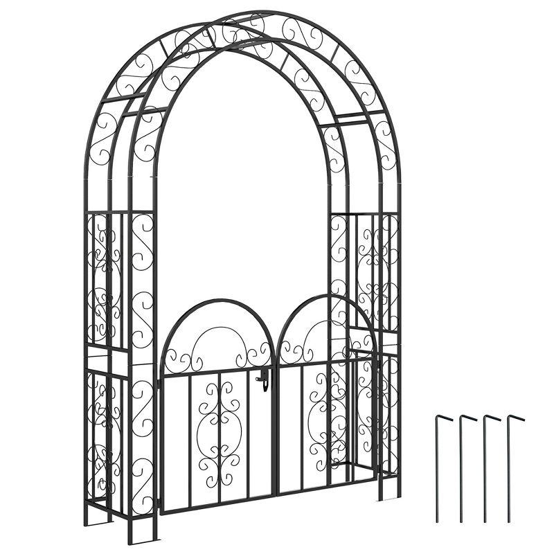 Outsunny 7.4ft Steel Garden Arch with Gate, Garden Arbor Trellis, Black
