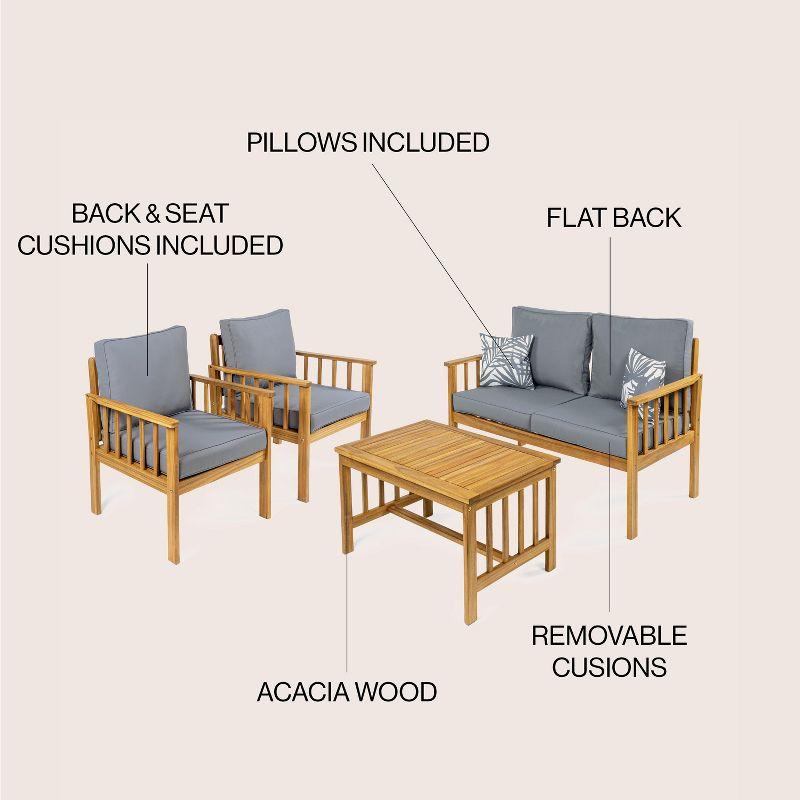 Everly 4-Piece Modern Cottage Acacia Wood Outdoor Patio Set with Cushions and Tropical Decorative Pillows - JONATHAN Y