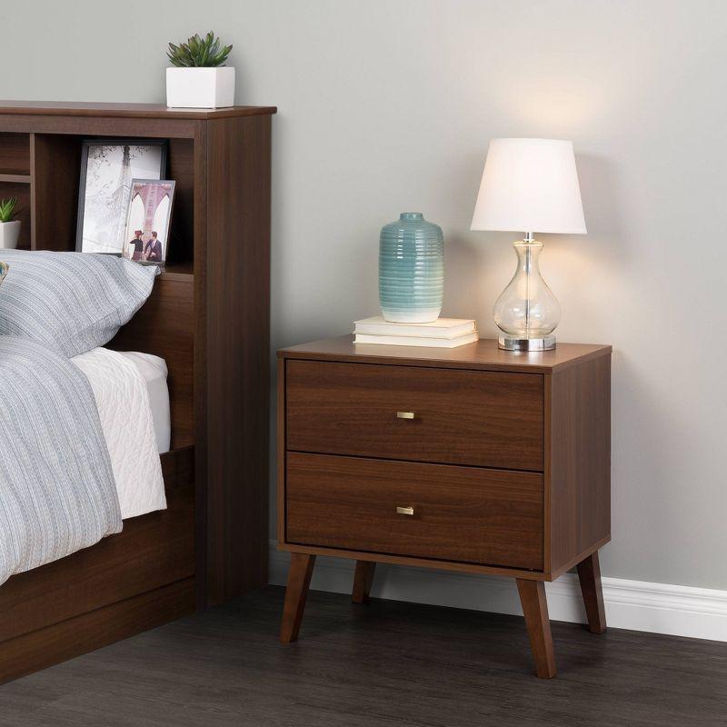 Milo Mid Century Modern 2 Drawer Nightstand Cherry - Prepac: Brushed Brass Knobs, Tapered Legs