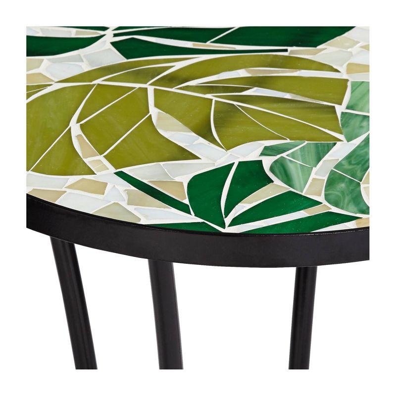 Teal Island Designs Modern Black Metal Round Outdoor Accent Side Table 14" Wide Green Leaf Mosaic Tabletop for Front Porch Patio Home House