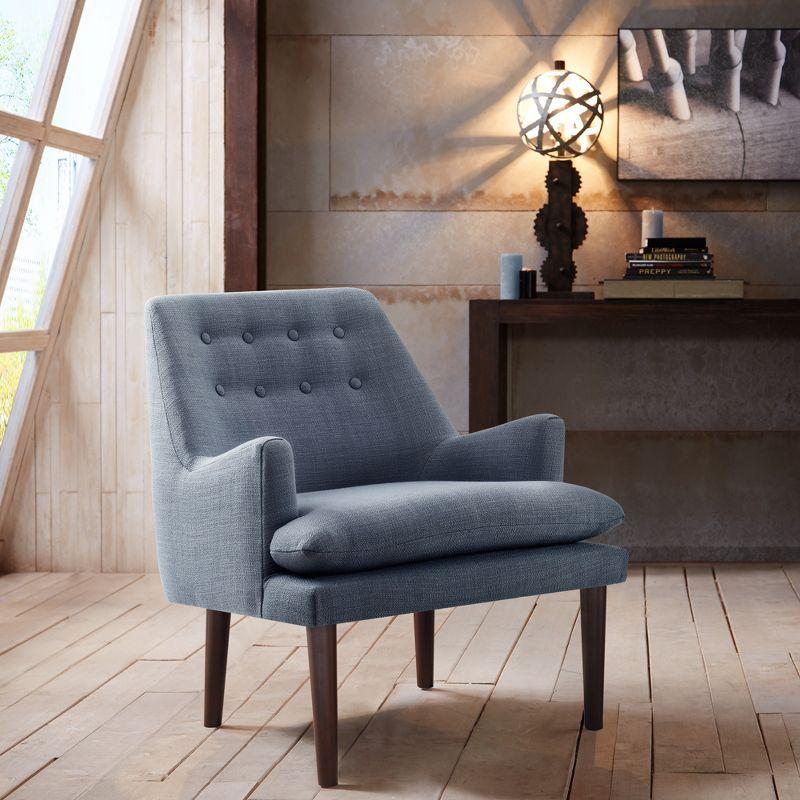 Mid-Century Blue Upholstered Wood Accent Chair