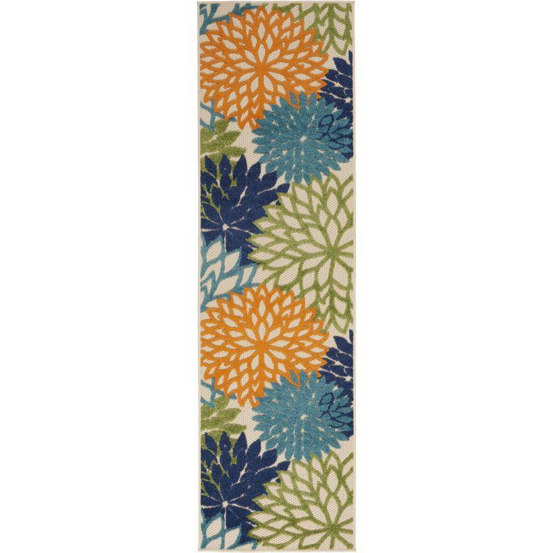 Aloha Tropical Floral 2'3" x 8' Blue and White Outdoor Rug