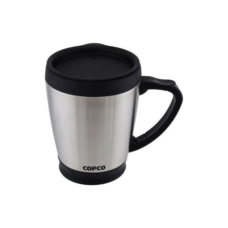 Copco Desktop 16 Ounce Stainless Steel Coffee Mug With Easy Grip Handle - Silver w/ Black Lid & Base 2510-7313