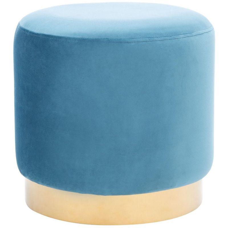 Sky Blue Velvet and Gold Round Ottoman