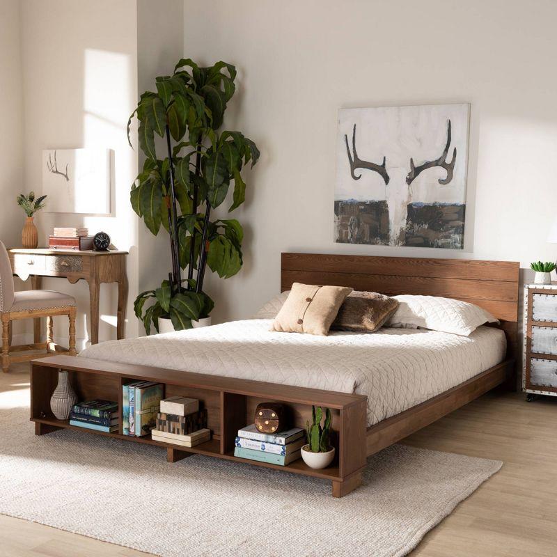 Queen Regina Wood Platform Storage Bed with Built-In Shelves - Baxton Studio: Rustic Bedroom Furniture