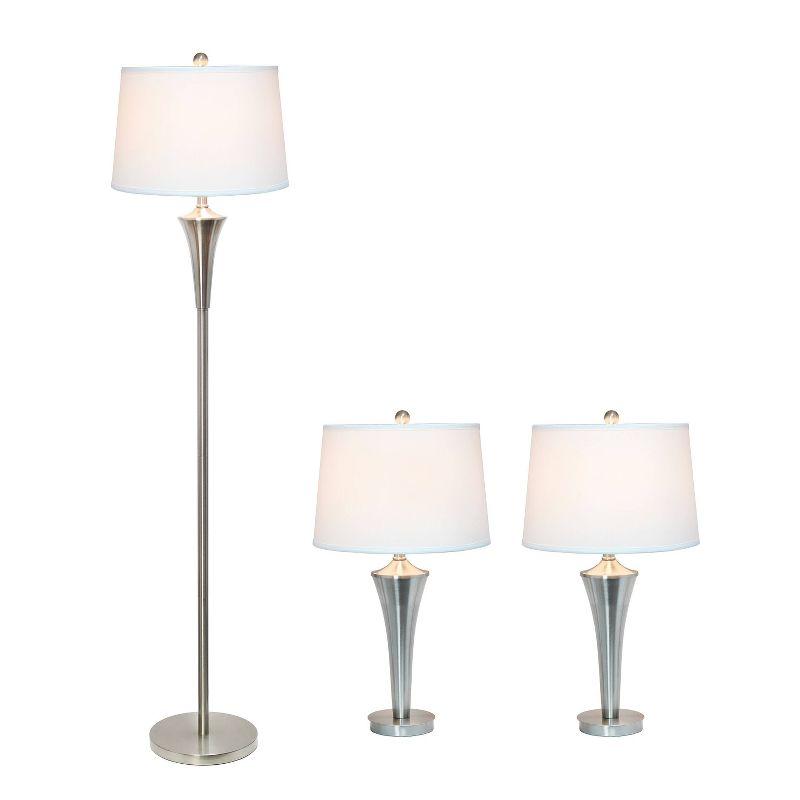 Set of 3 Tapered Lamp Set (2 Table Lamps and 1 Floor Lamp) with Shades Metallic Silver/White - Elegant Designs: Modern Brushed Nickel