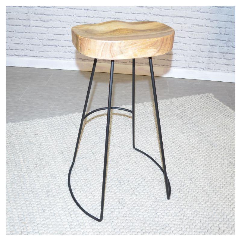 Saddle-Style Natural Mango Wood and Black Metal 30" Barstool Set