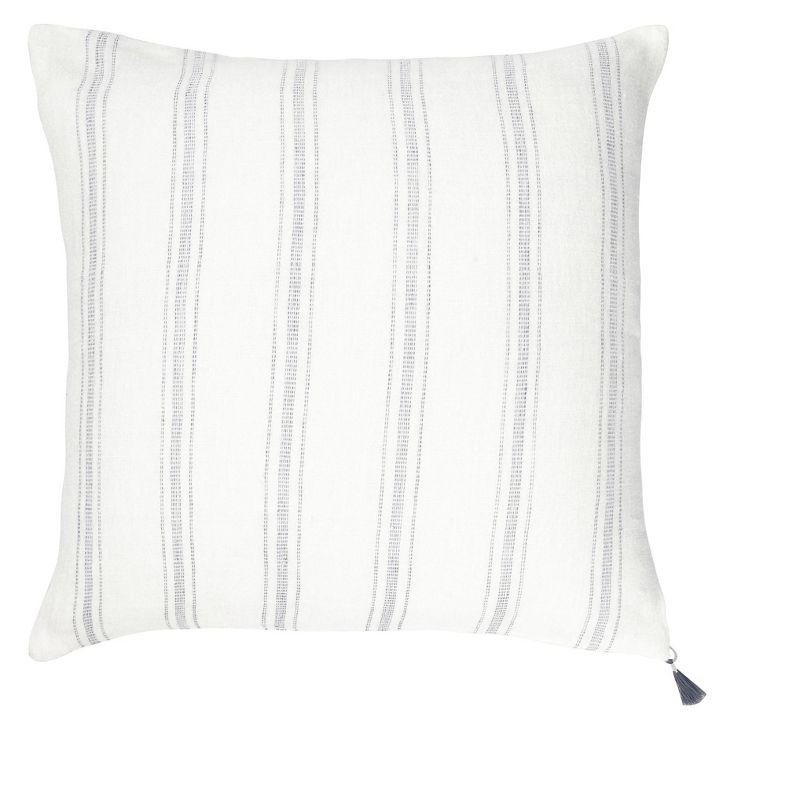 White and Gray Striped Linen Square Throw Pillow with Tassels