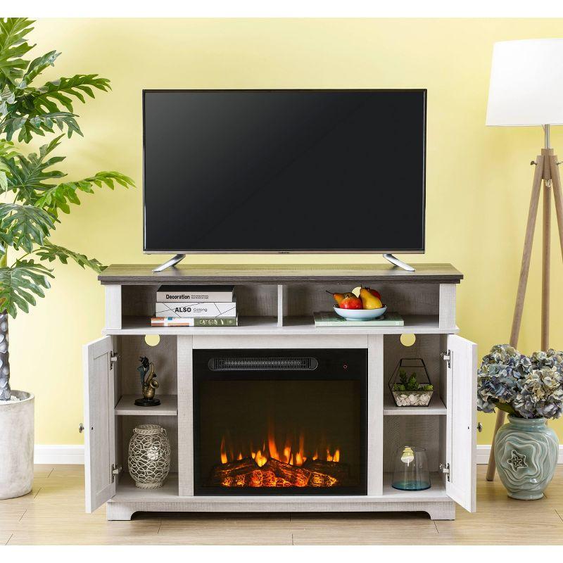 Home Essentials 48" TV Stand for TVs up to 55" with Electric Fireplace White: MDF Construction, Nickel Hardware, Adjustable Storage