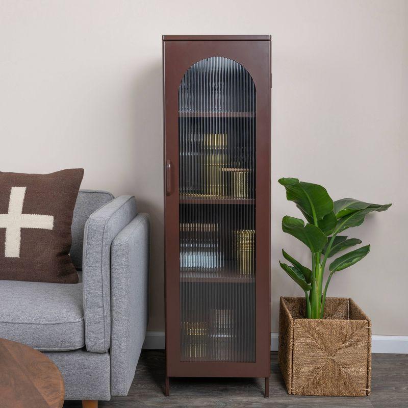 Storied Home Tall Metal Accent Cabinet: 3 Shelves, Arched Glass, Vintage Brown, 57" Height