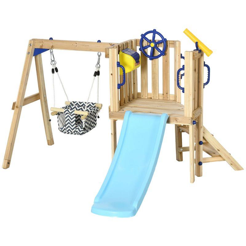 Natural Wooden Outdoor Playset with Swing, Slide, and Fort